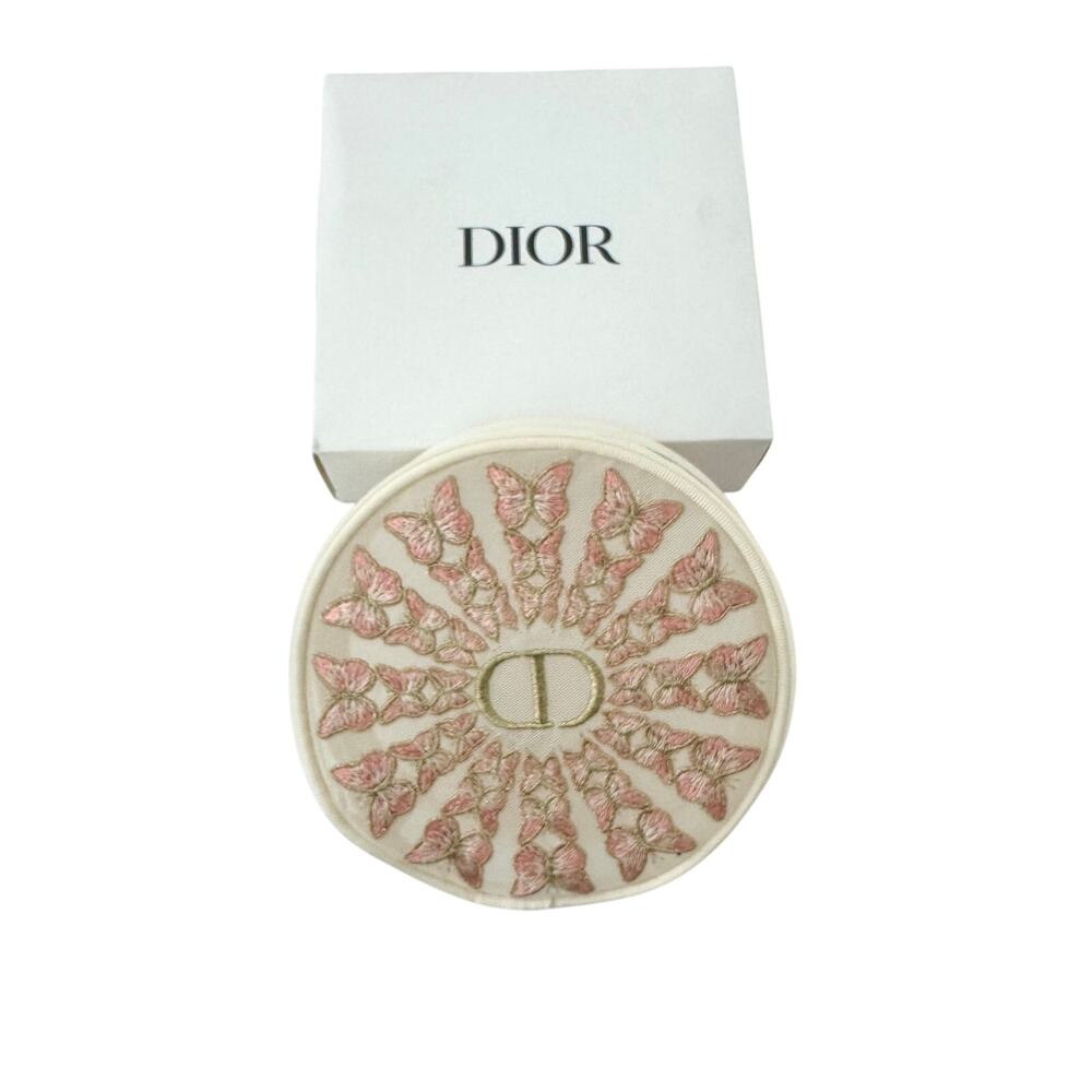 Christian Dior Beauty Round Butterfly Embroidery Pouch Makeup Cosmetic Bag Pink